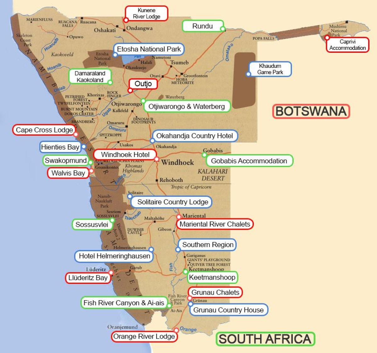 къмпинги в Намибия картата